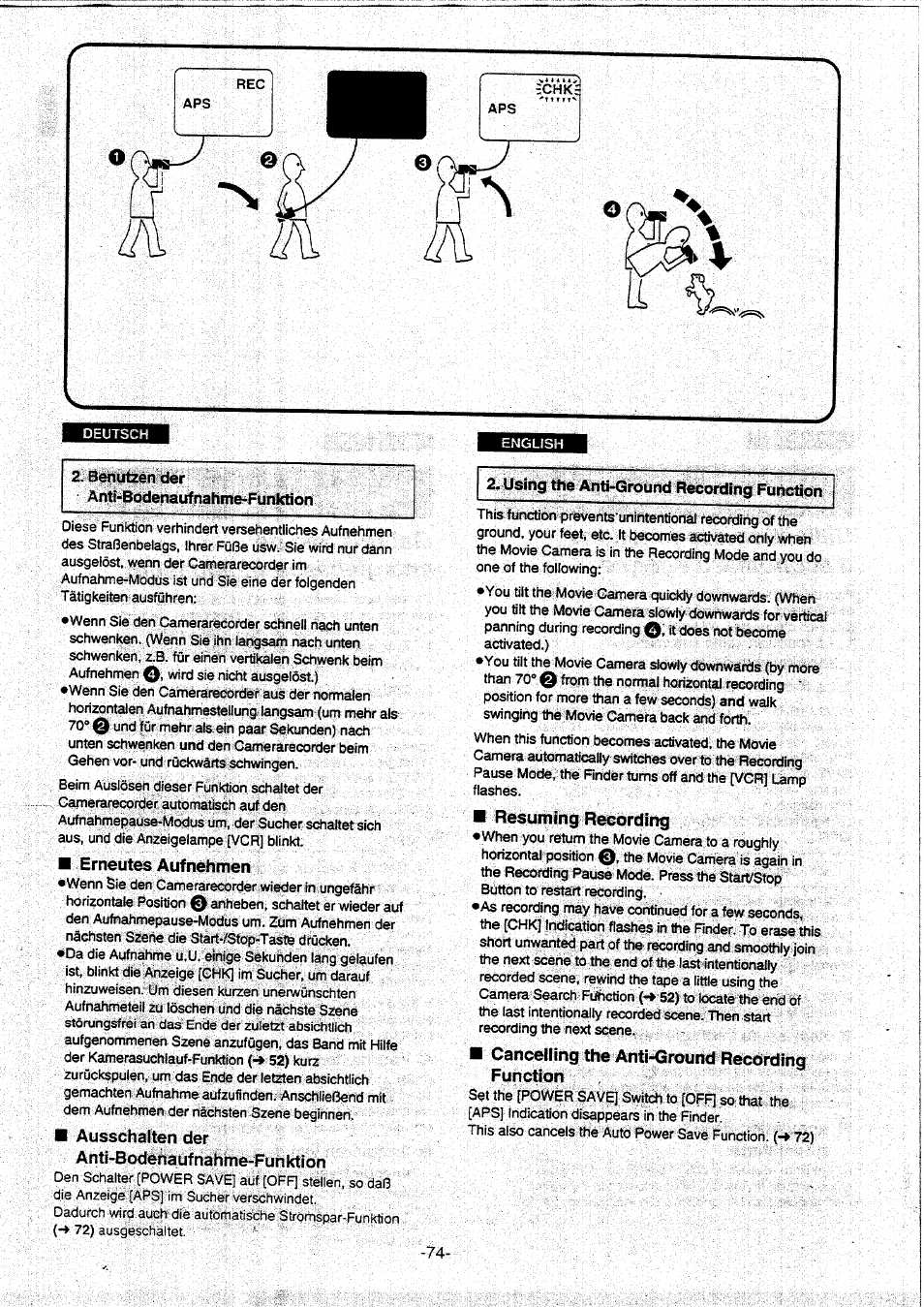 Using the anti-ground recording function, Erneutes aufnehmen, Ausschaltender anti-bodenaufnahme-funktion | Resuming recording, Cancelling the anti-ground recording function | Panasonic NVVX30EG User Manual | Page 74 / 164