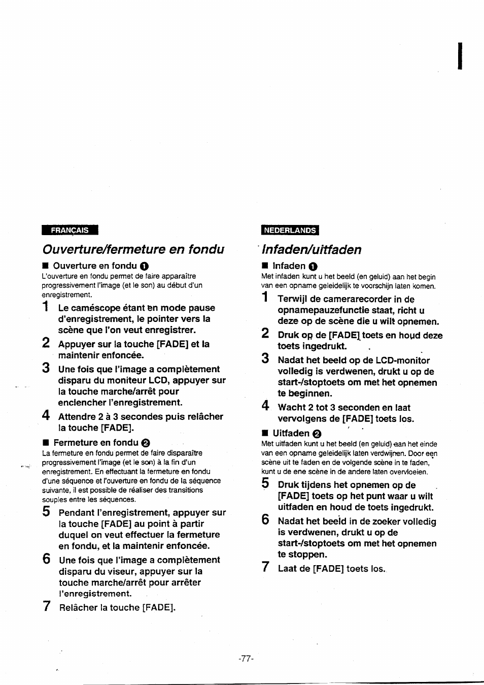 Ouverture/fermeture en fondu, Infaden/uitfaden | Panasonic NVVX30EG User Manual | Page 77 / 164