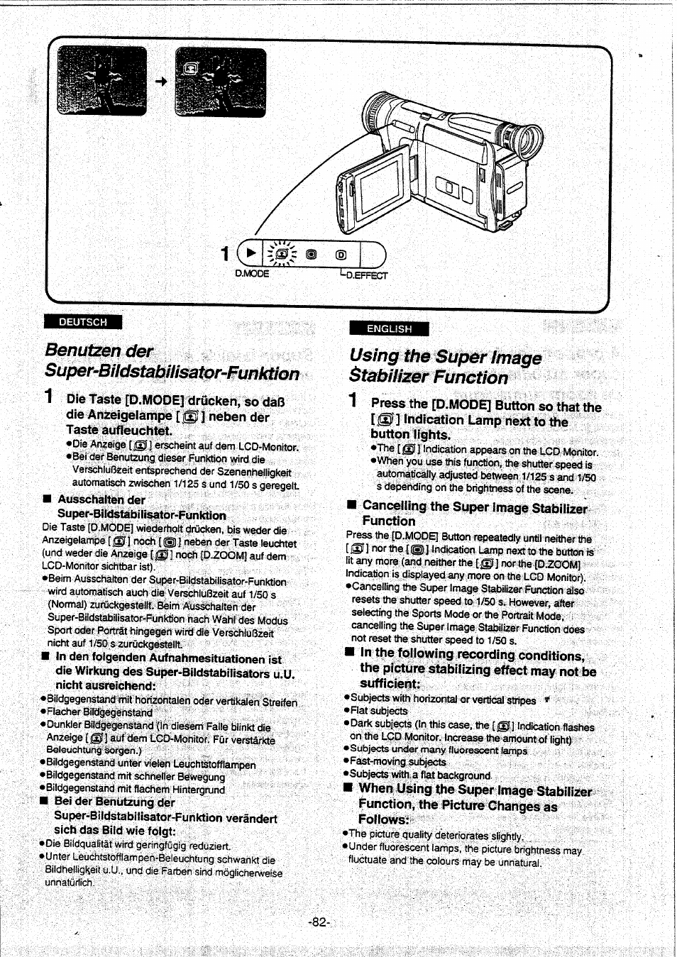 Benutzen der, Super-bhdstabilisator-funktion, Using the super image stabilizer function | Benutzen der super-bhdstabilisator-funktion | Panasonic NVVX30EG User Manual | Page 82 / 164