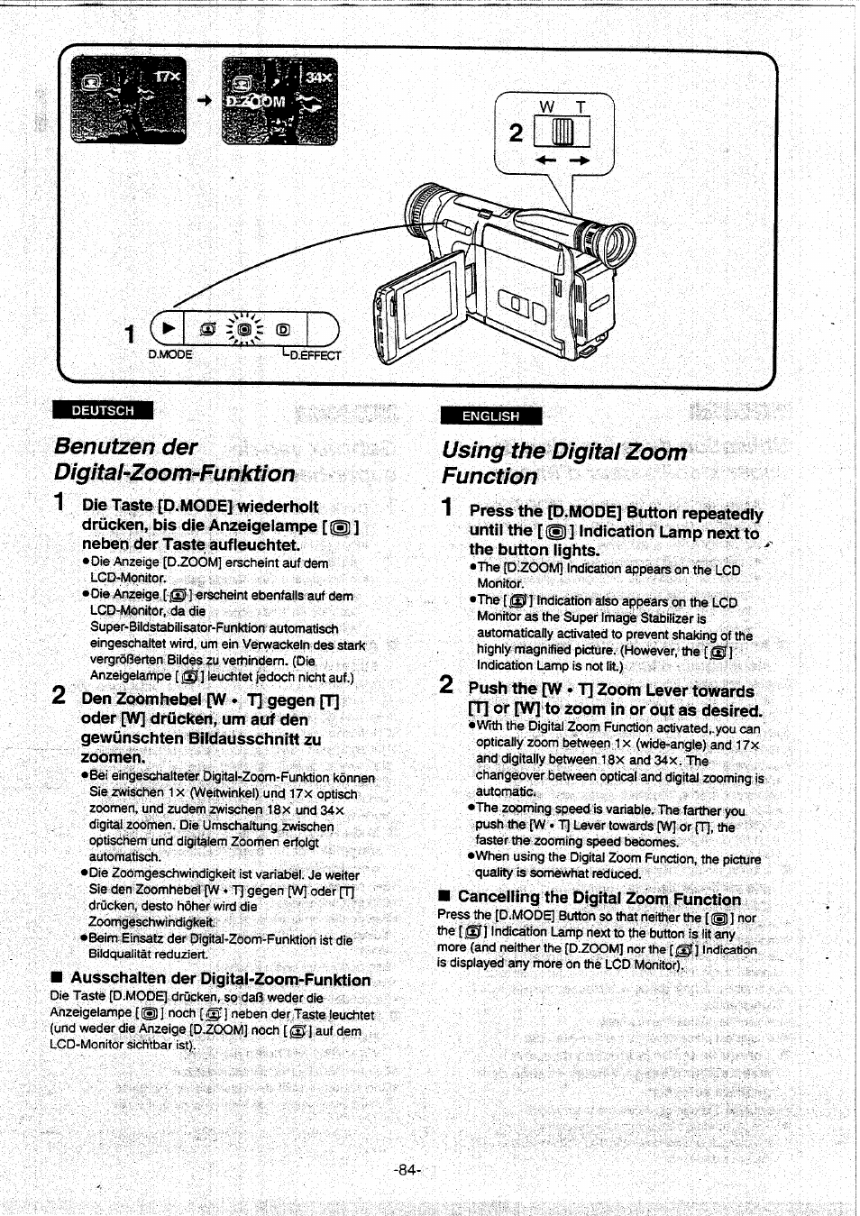 Benutzen der digital-zoom-funktion, Using the digital zoom function, Benutzen der digitai-zoom-funktion | Panasonic NVVX30EG User Manual | Page 84 / 164