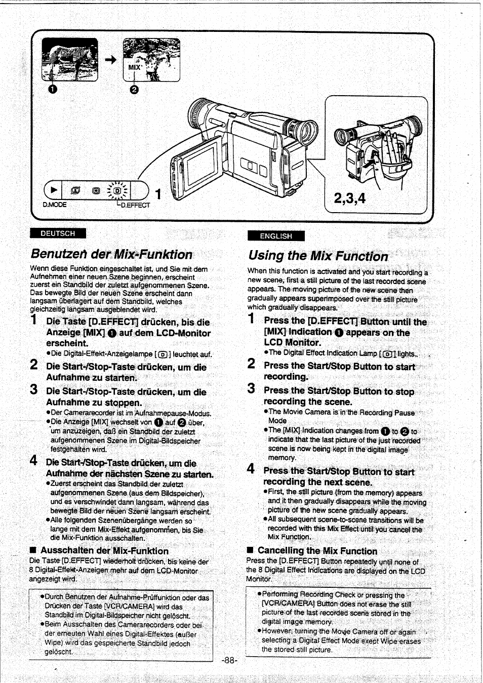 Benutzet der mix-funktion, Using the mix function, Benutzen der mix-funktion | Ausschaiten der mix-funktion | Panasonic NVVX30EG User Manual | Page 88 / 164