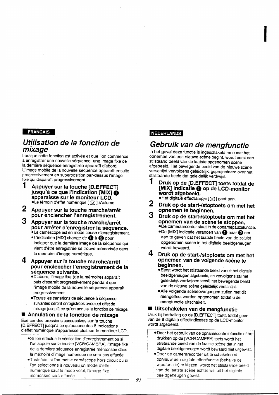 Utilisation de la fonction de mixage, Gebruik van de mengfunctie | Panasonic NVVX30EG User Manual | Page 89 / 164