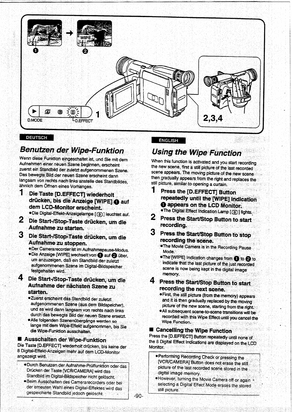 Benutzen der wipe-funktion, Using the wipe function, Ausschalten der wipe-funktion | Cancelling the wipe function | Panasonic NVVX30EG User Manual | Page 90 / 164