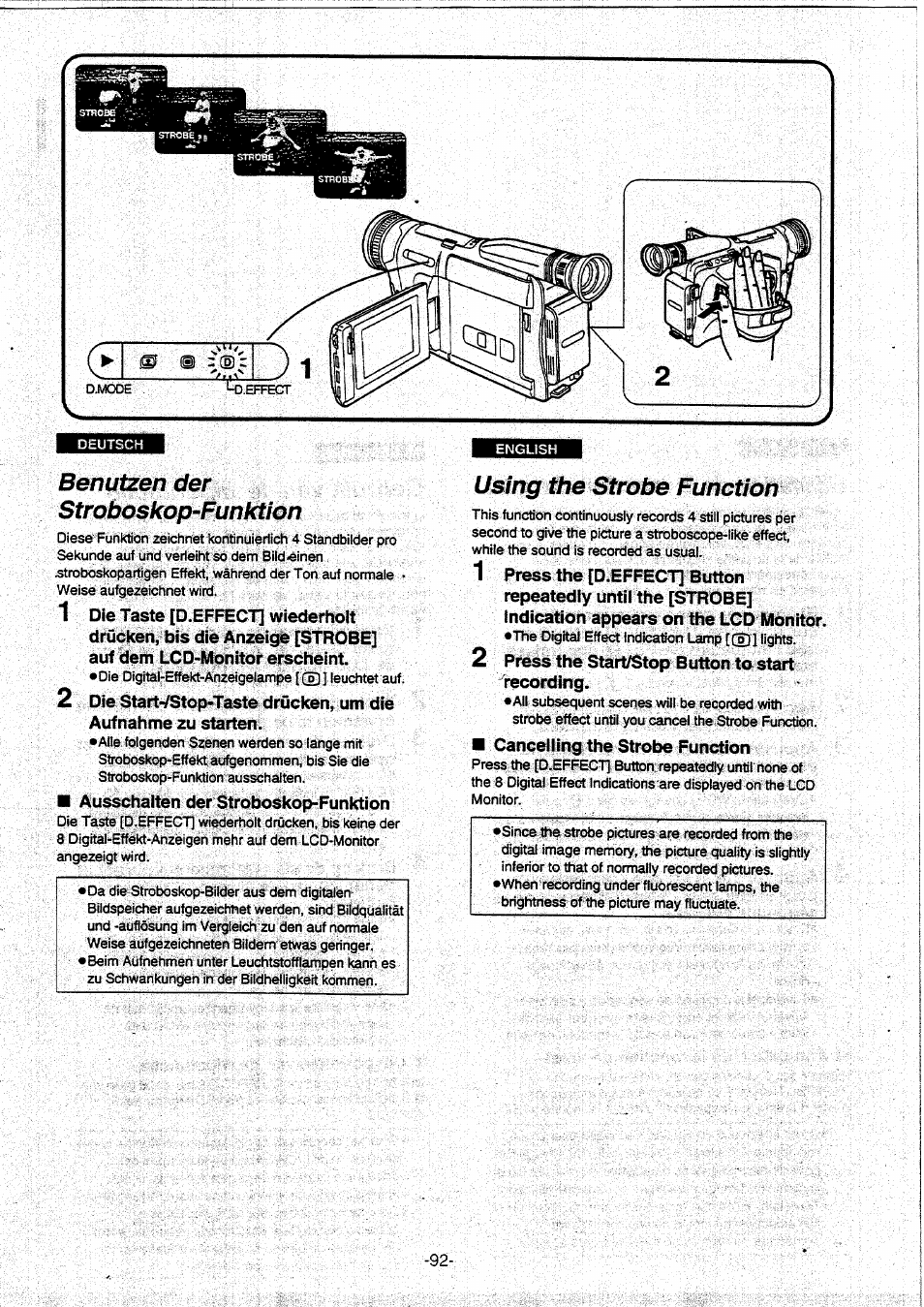 Benutzen der stroboskop’funktion, Using the strobe function, Benutzen der stroboskop-funktion | Panasonic NVVX30EG User Manual | Page 92 / 164