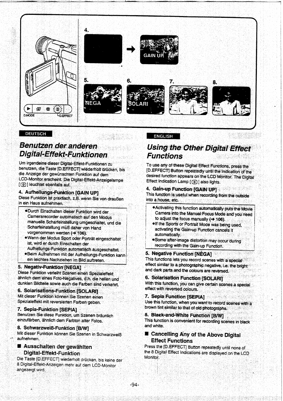 Benutzen der anderen digital-effekt-funktionen, Aufhellungs-funktion [gain up, Negativ-funktion [nega | Solarisations-funktion [solari, Sepia-funktion [sepia, Schwarzweiß-funktion [b/w, Using the other digital effect functions, Qain-up function [gain up, Negative function [nega, Solarisation function [solari | Panasonic NVVX30EG User Manual | Page 94 / 164
