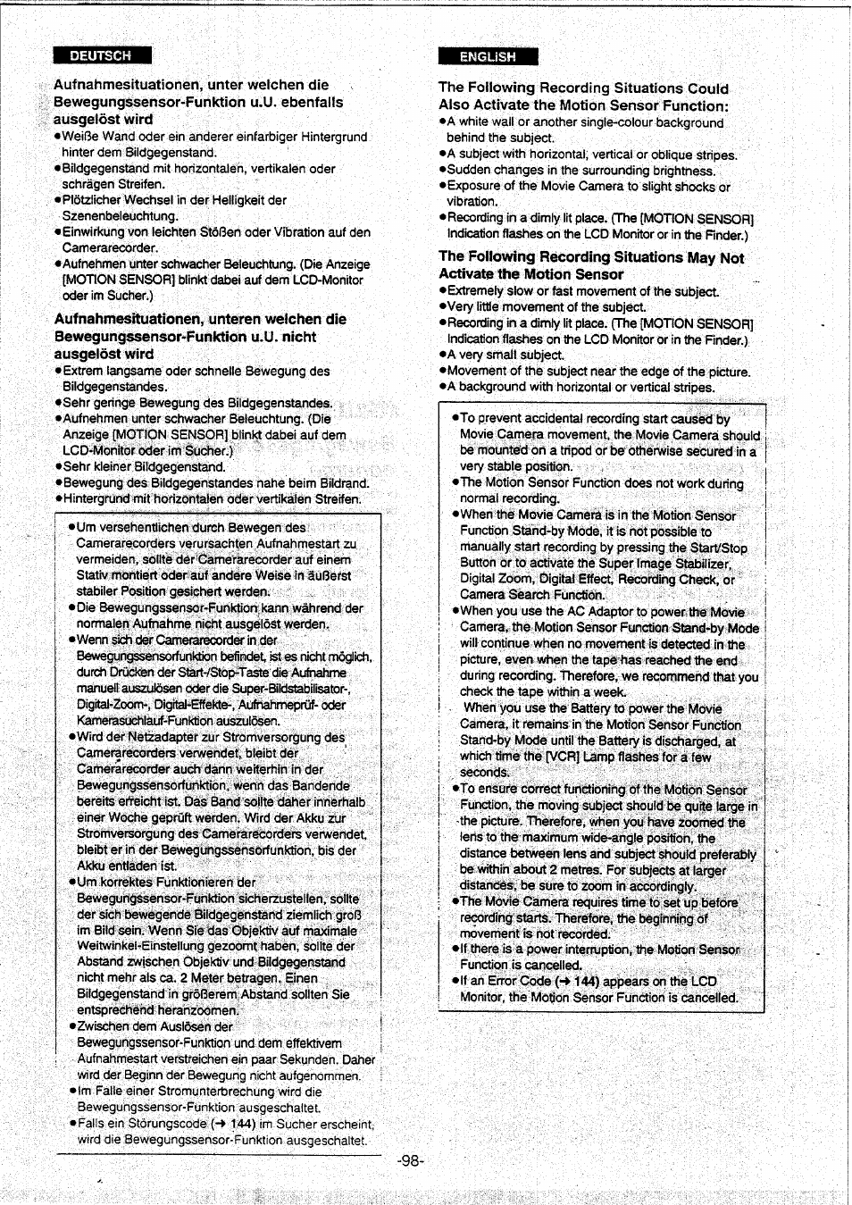 Aufnahmesituationen, unter welchen die, Bewegungssensor-funktion u.u. ebenfalls, Ausgelöst wird | Aufnahmesituationen« unteren welchen die, Bewegungssensor-funktion u.u. nicht, The following recording situations could, Also activate the motion sensor function, The following recording situations may not, Activate the motion sensor | Panasonic NVVX30EG User Manual | Page 98 / 164