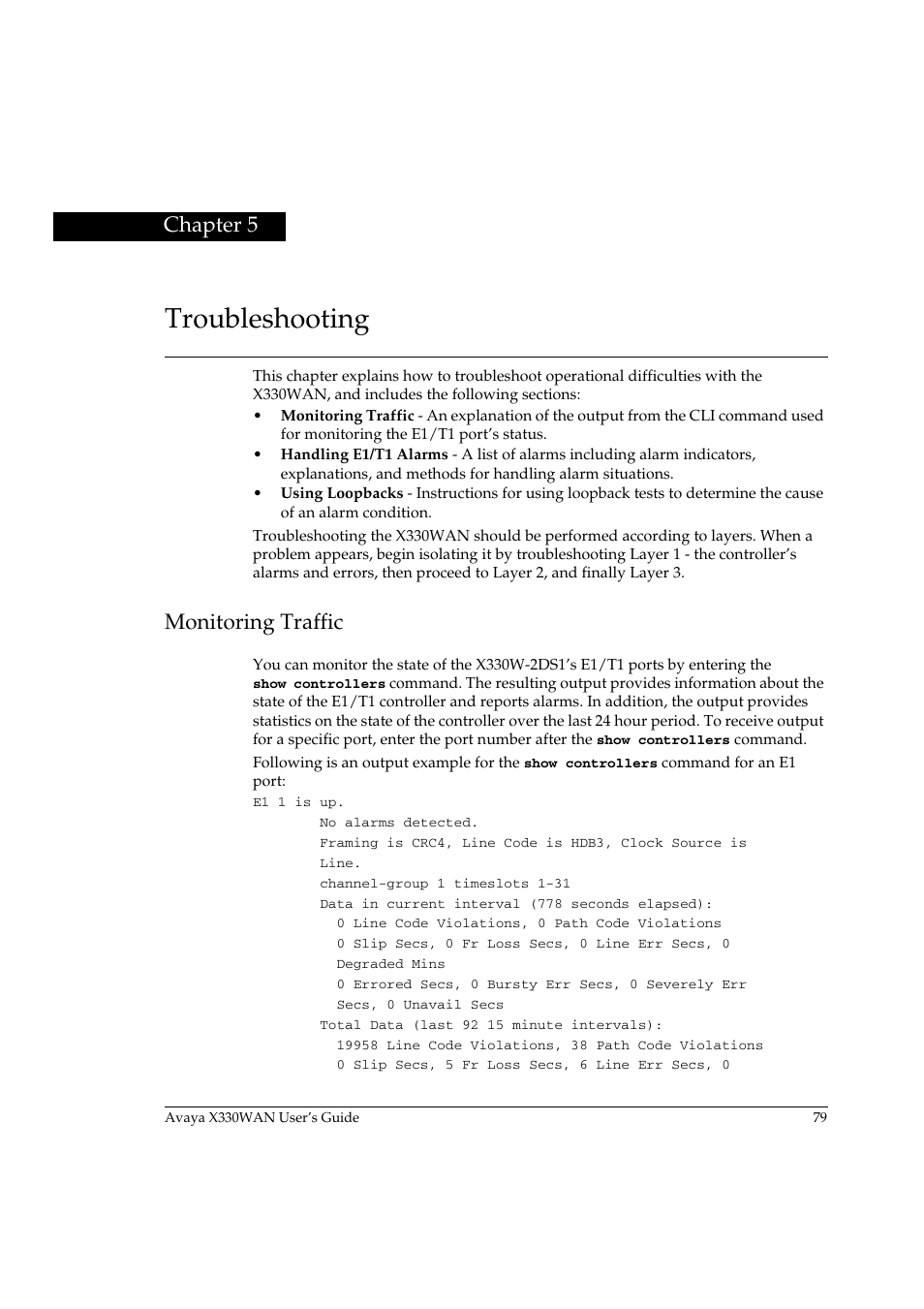Troubleshooting, Monitoring traffic, Chapter 5 | Avaya X330WAN User Manual | Page 101 / 264