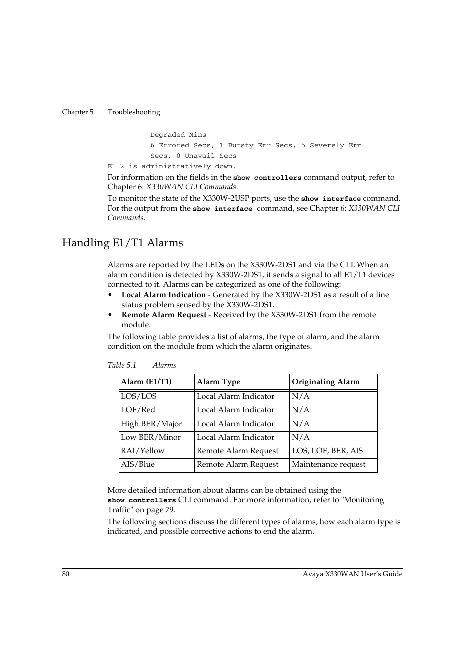 Handling e1/t1 alarms, Table 5.1, Alarms | Avaya X330WAN User Manual | Page 102 / 264