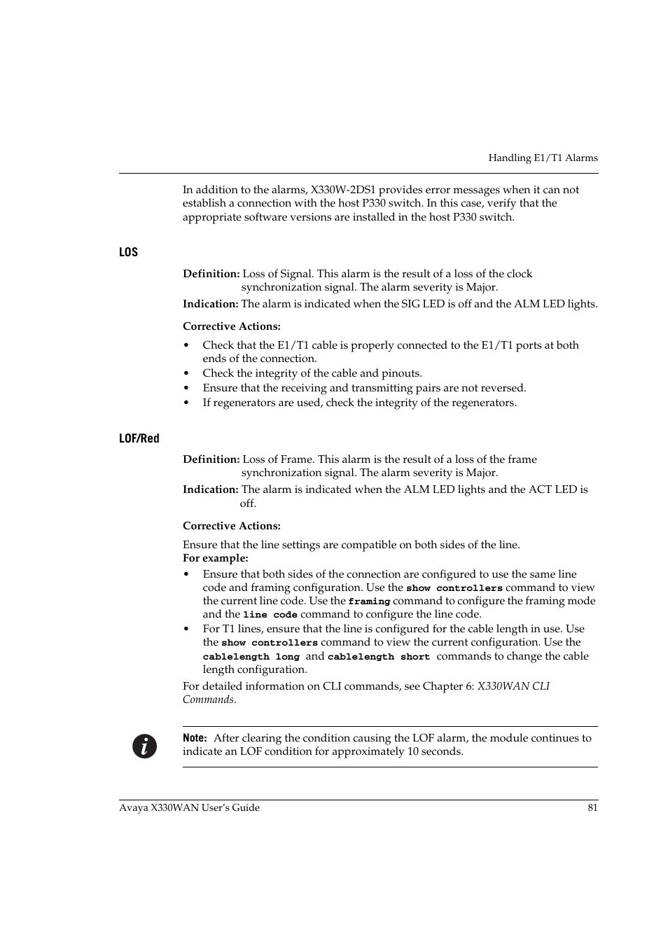Lof/red, Los lof/red | Avaya X330WAN User Manual | Page 103 / 264