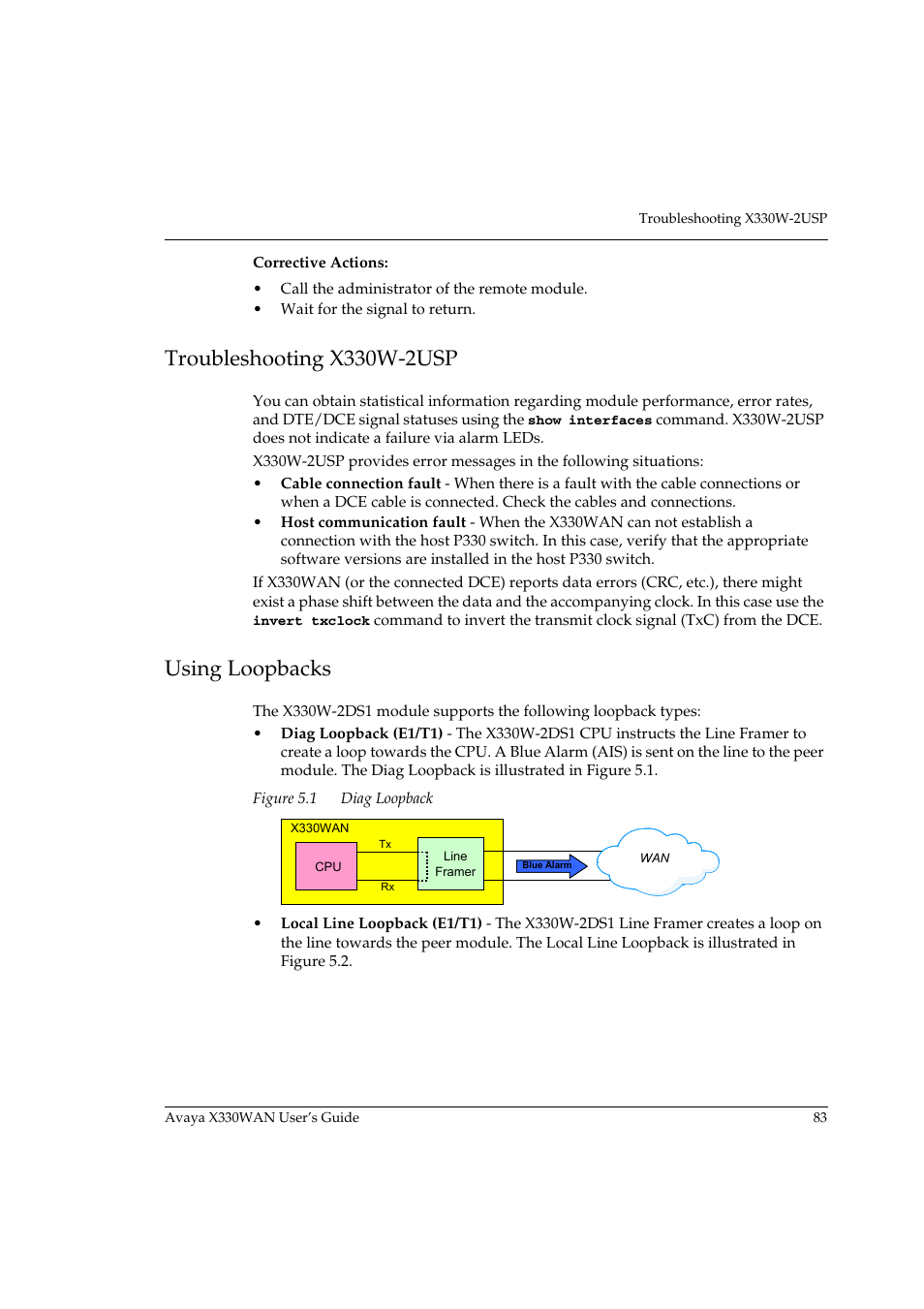 Troubleshooting x330w-2usp, Using loopbacks, Troubleshooting x330w-2usp using loopbacks | Figure 5.1, Diag loopback | Avaya X330WAN User Manual | Page 105 / 264