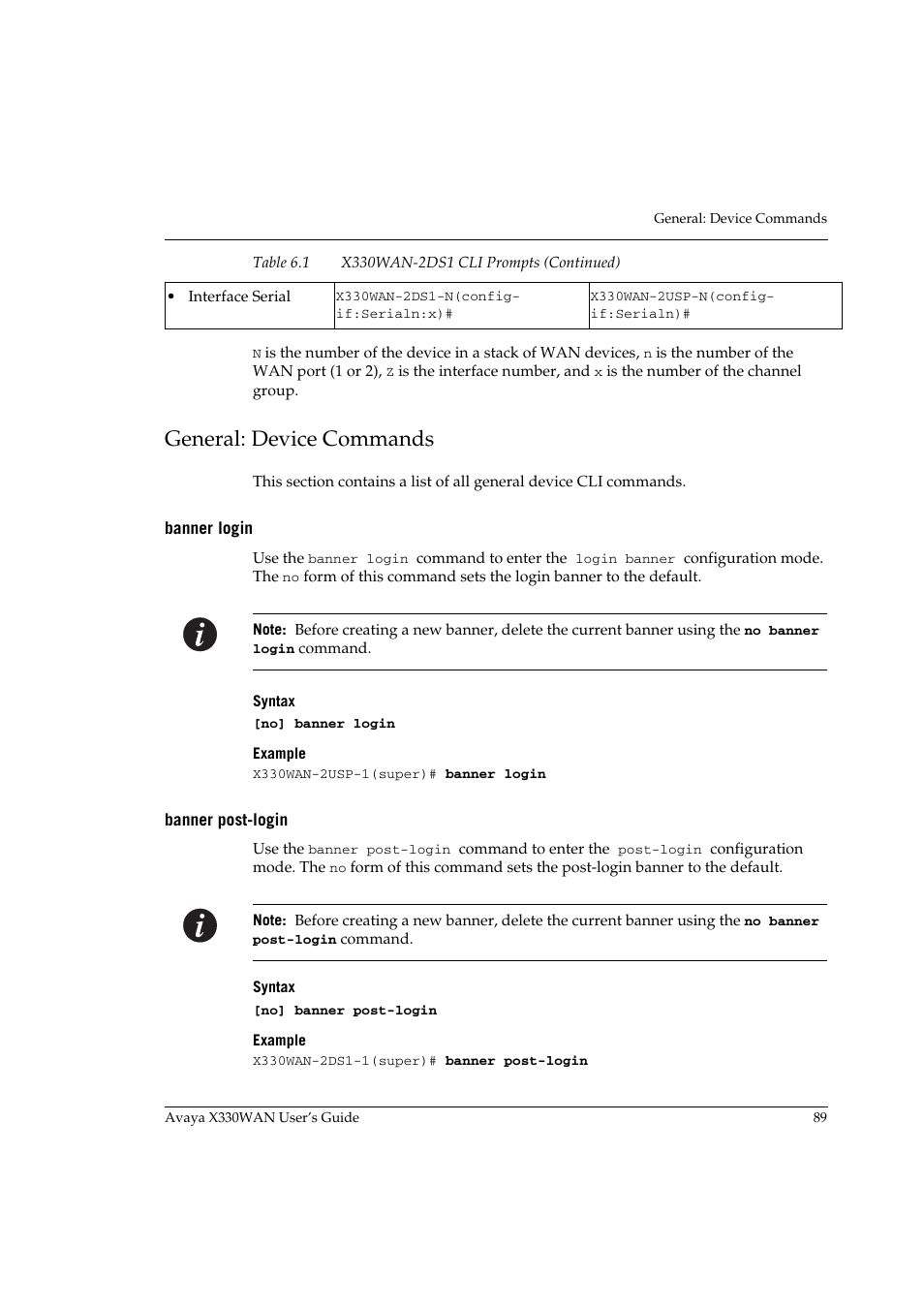 General: device commands, Banner login, Banner post-login | Banner login banner post-login | Avaya X330WAN User Manual | Page 111 / 264