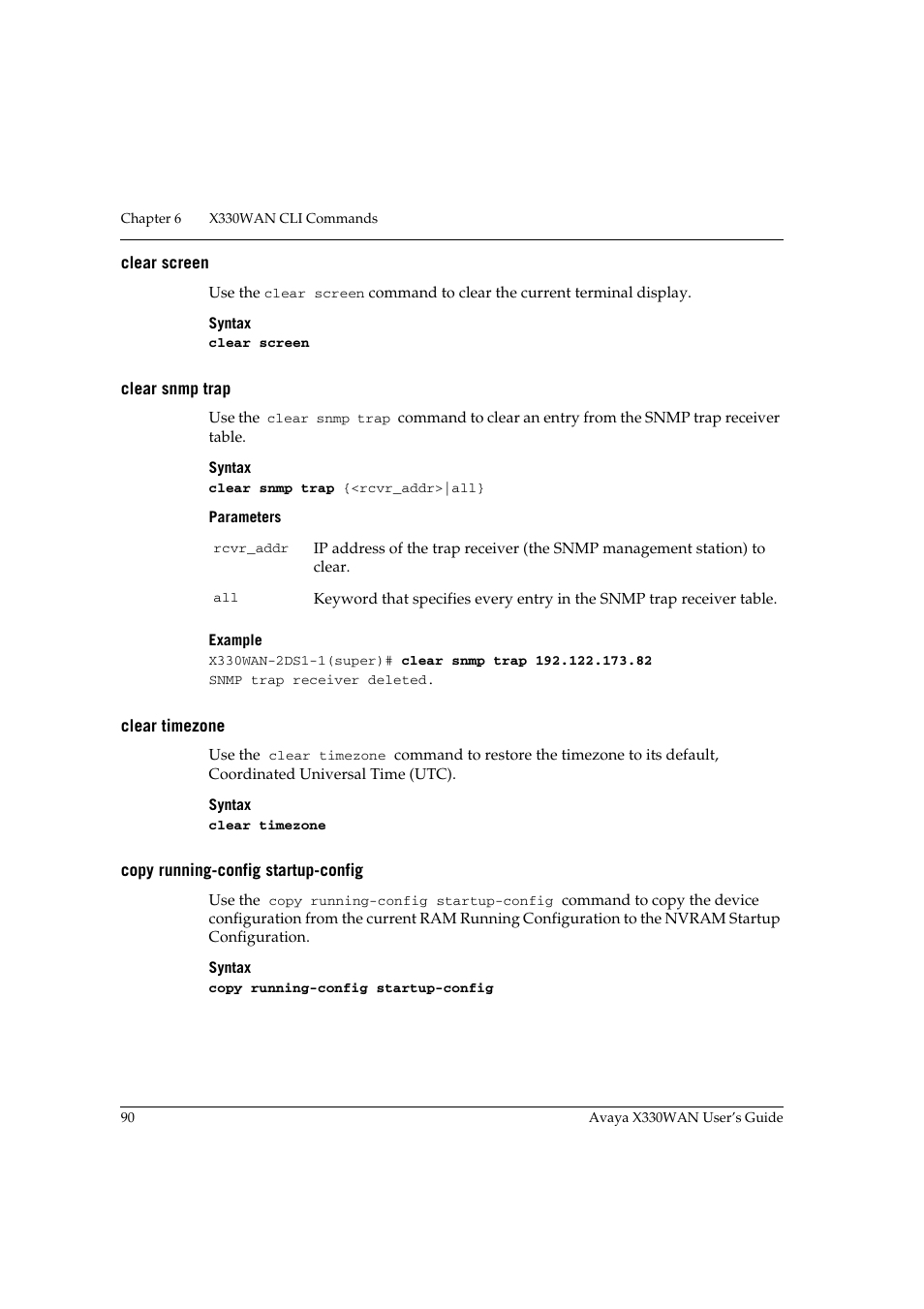 Clear screen, Clear snmp trap, Clear timezone | Copy running-config startup-config | Avaya X330WAN User Manual | Page 112 / 264