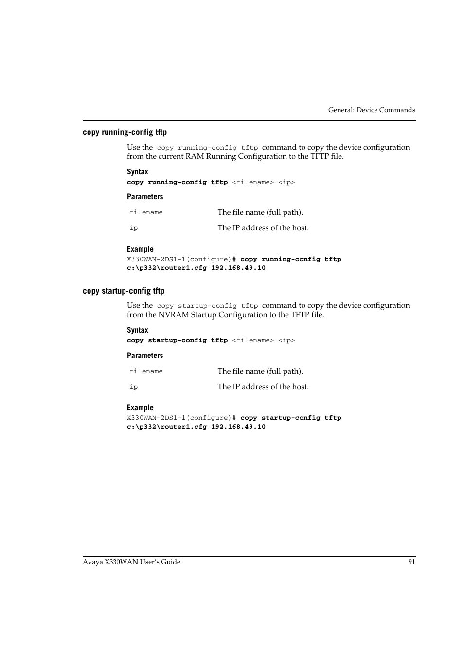 Copy running-config tftp, Copy startup-config tftp, Copy running-config tftp copy startup-config tftp | Avaya X330WAN User Manual | Page 113 / 264