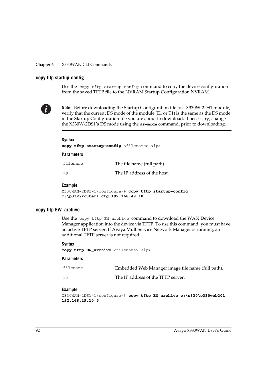 Copy tftp startup-config, Copy tftp ew_archive, Copy tftp startup-config copy tftp ew_archive | Avaya X330WAN User Manual | Page 114 / 264