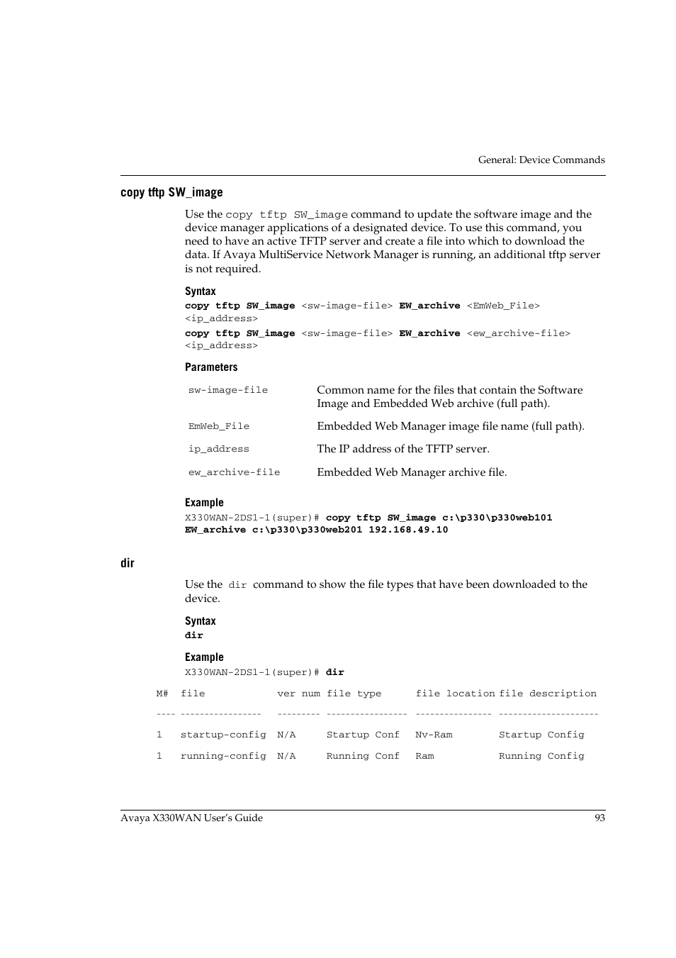 Copy tftp sw_image, Copy tftp sw_image dir | Avaya X330WAN User Manual | Page 115 / 264