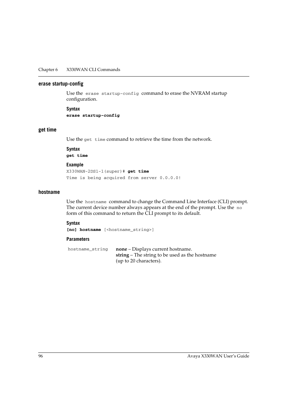 Erase startup-config, Get time, Hostname | Erase startup-config get time hostname | Avaya X330WAN User Manual | Page 118 / 264