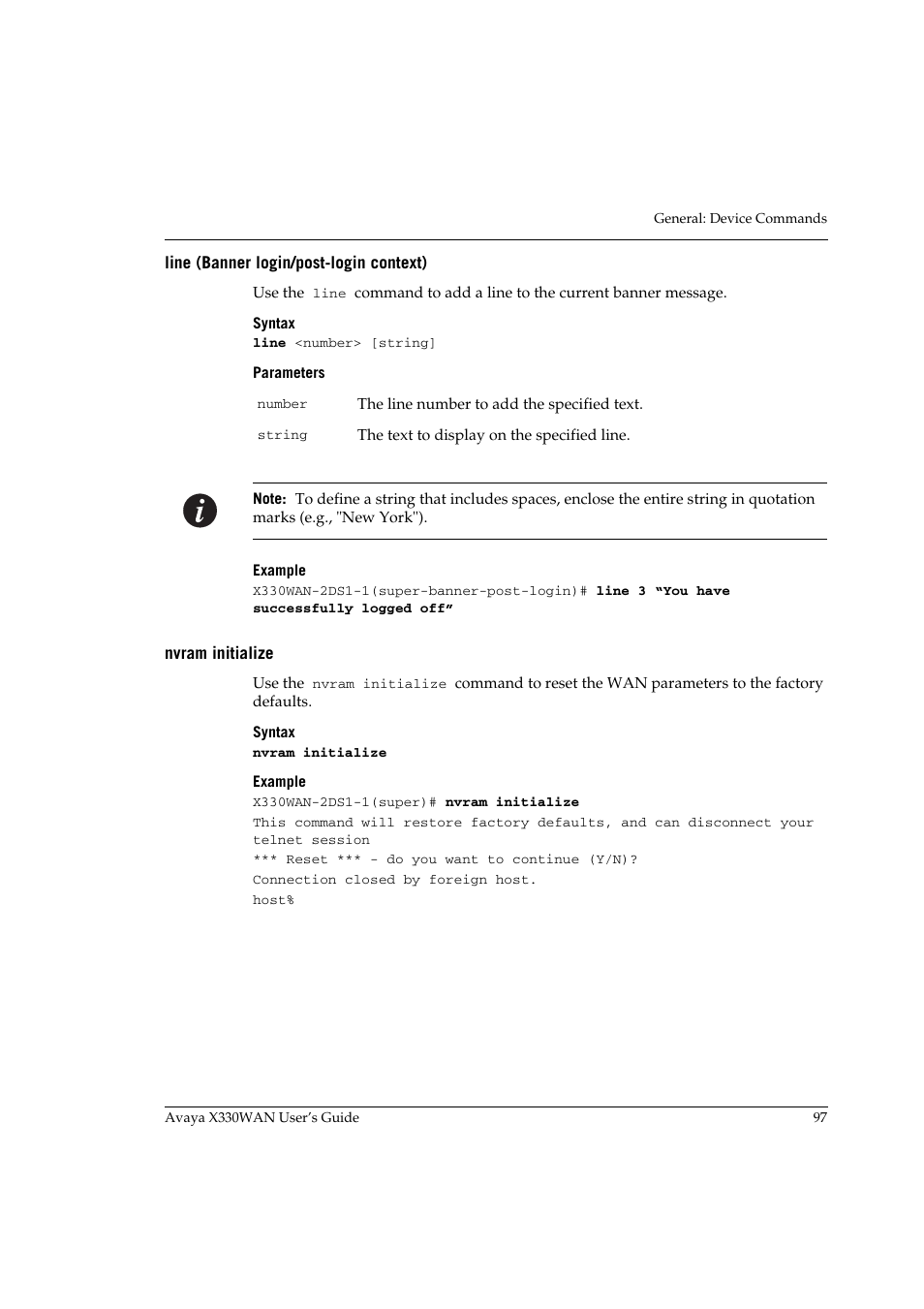 Line (banner login/post-login context), Nvram initialize | Avaya X330WAN User Manual | Page 119 / 264