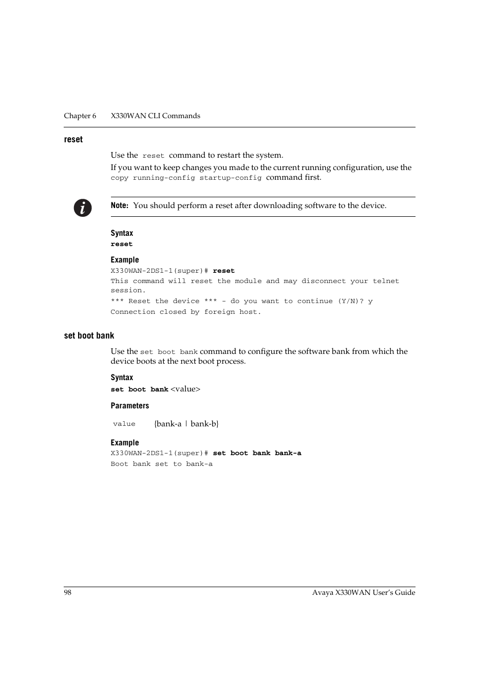 Reset, Set boot bank, Reset set boot bank | Avaya X330WAN User Manual | Page 120 / 264