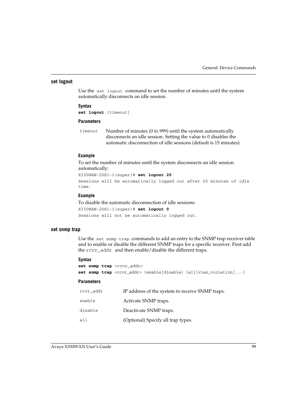 Set logout, Set snmp trap, Set logout set snmp trap | Avaya X330WAN User Manual | Page 121 / 264
