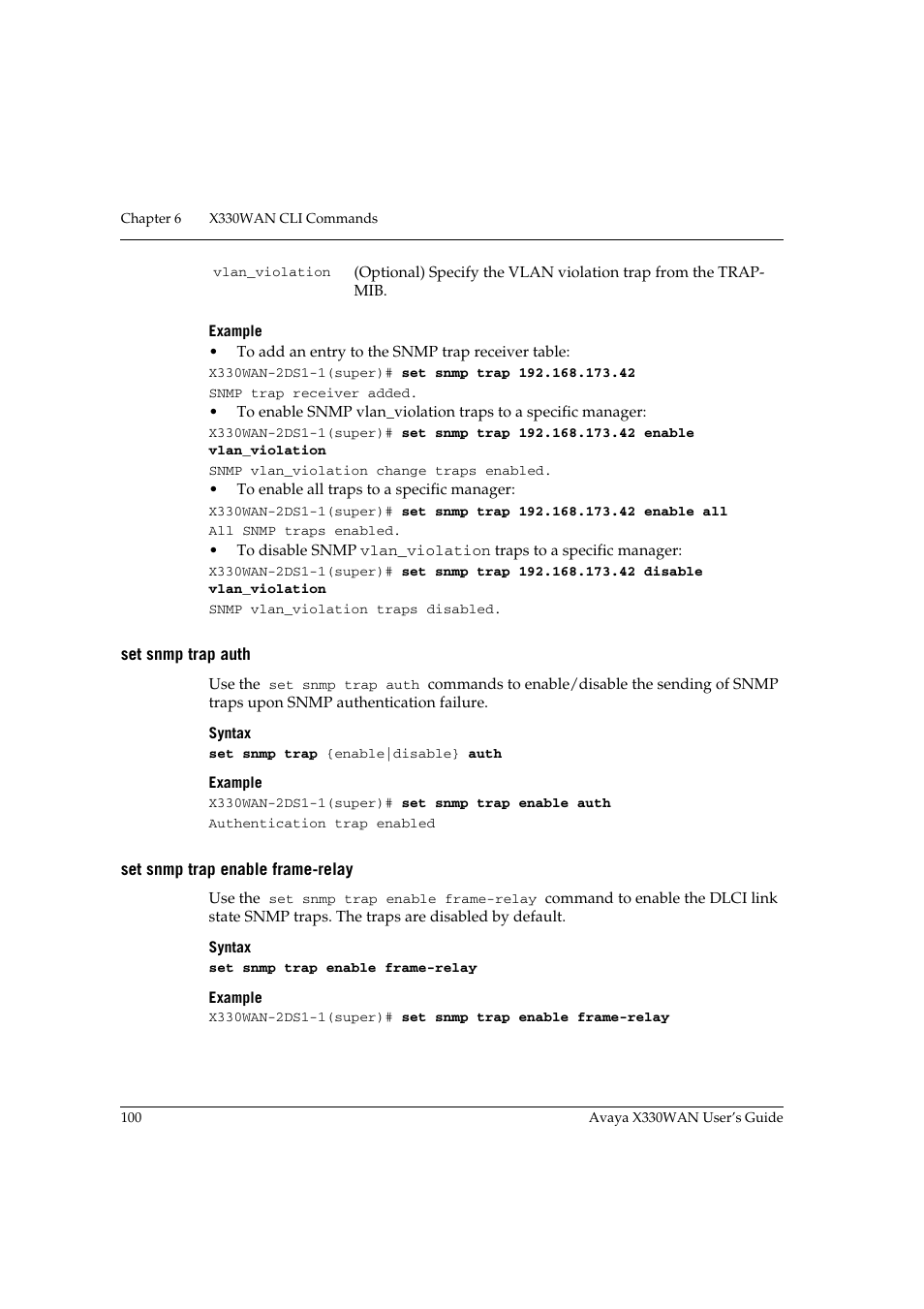 Set snmp trap auth, Set snmp trap enable frame-relay | Avaya X330WAN User Manual | Page 122 / 264