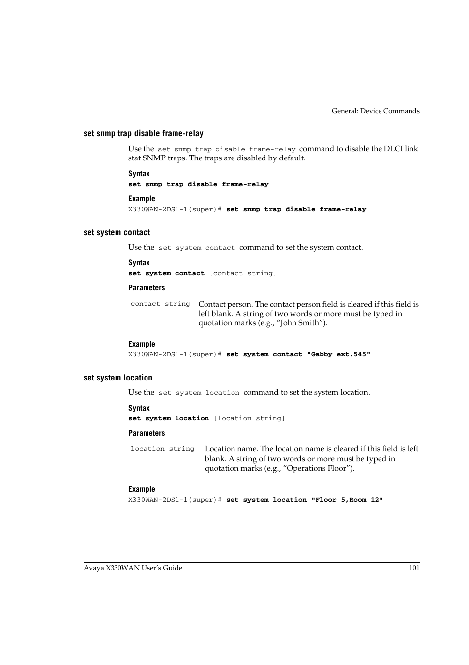 Set snmp trap disable frame-relay, Set system contact, Set system location | Avaya X330WAN User Manual | Page 123 / 264