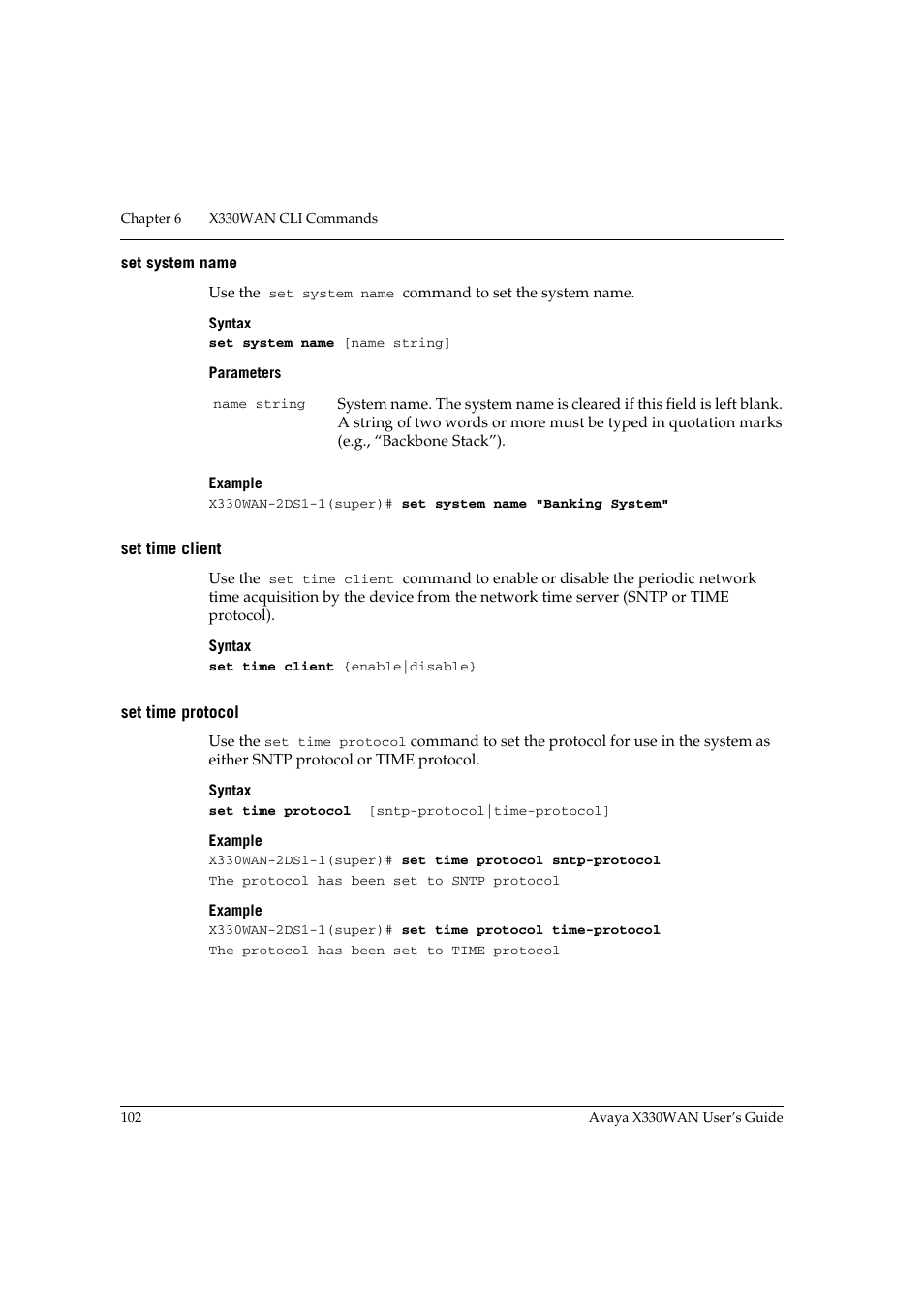 Set system name, Set time client, Set time protocol | Set system name set time client set time protocol | Avaya X330WAN User Manual | Page 124 / 264