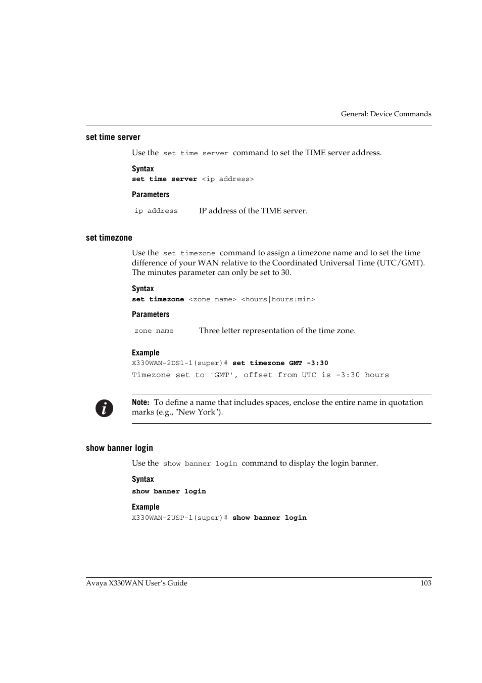 Set time server, Set timezone, Show banner login | Set time server set timezone show banner login | Avaya X330WAN User Manual | Page 125 / 264