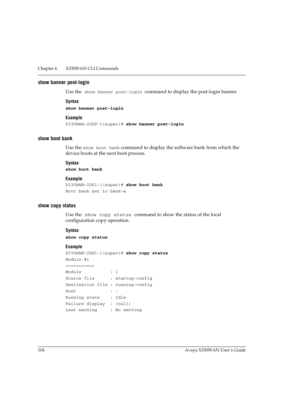 Show banner post-login, Show boot bank, Show copy status | Avaya X330WAN User Manual | Page 126 / 264