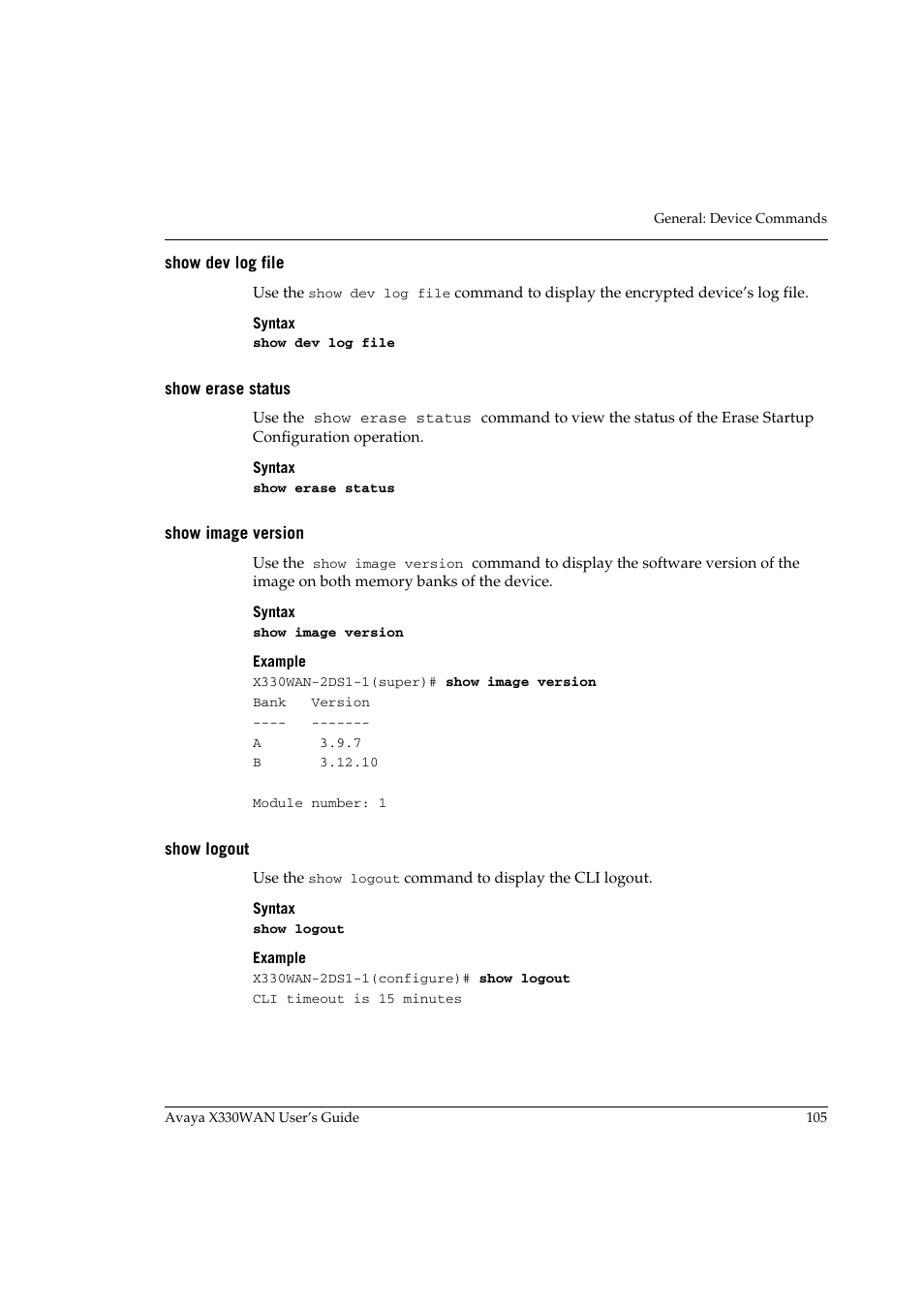Show dev log file, Show erase status, Show image version | Show logout | Avaya X330WAN User Manual | Page 127 / 264