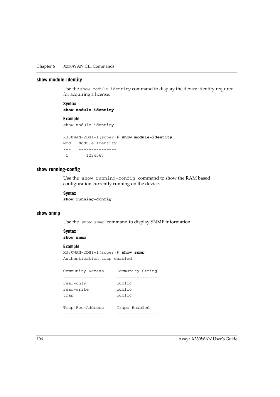Show module-identity, Show running-config, Show snmp | Show module-identity show running-config show snmp | Avaya X330WAN User Manual | Page 128 / 264
