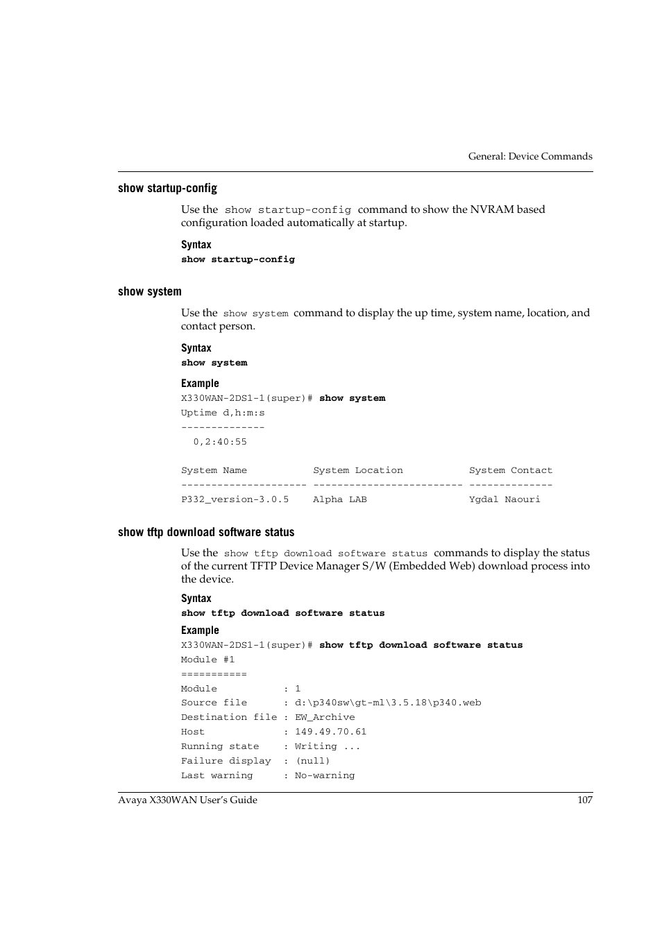 Show startup-config, Show system, Show tftp download software status | Avaya X330WAN User Manual | Page 129 / 264