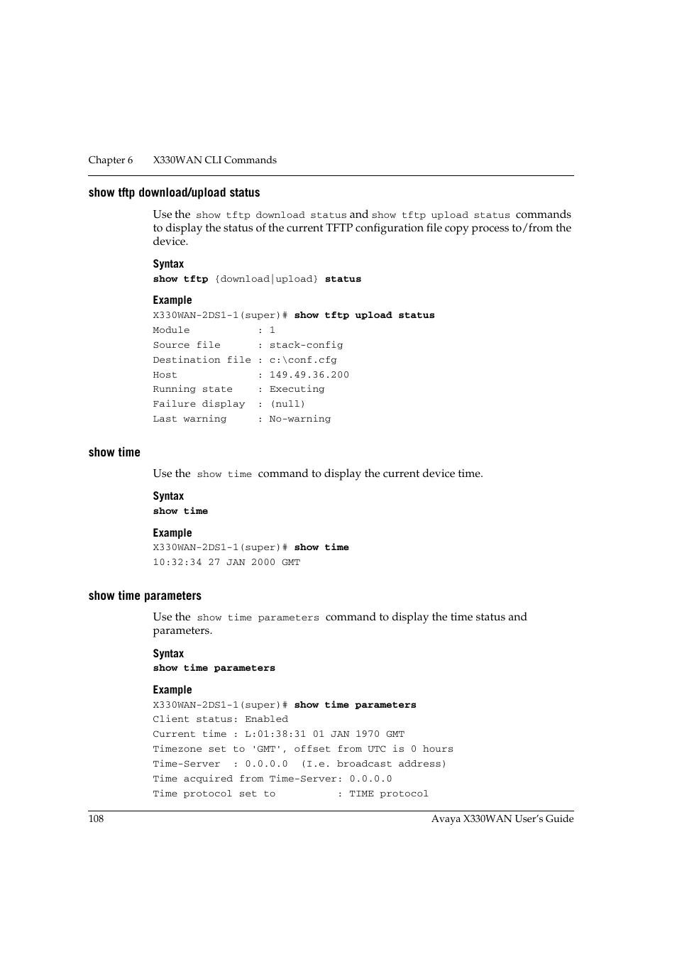 Show tftp download/upload status, Show time, Show time parameters | Avaya X330WAN User Manual | Page 130 / 264