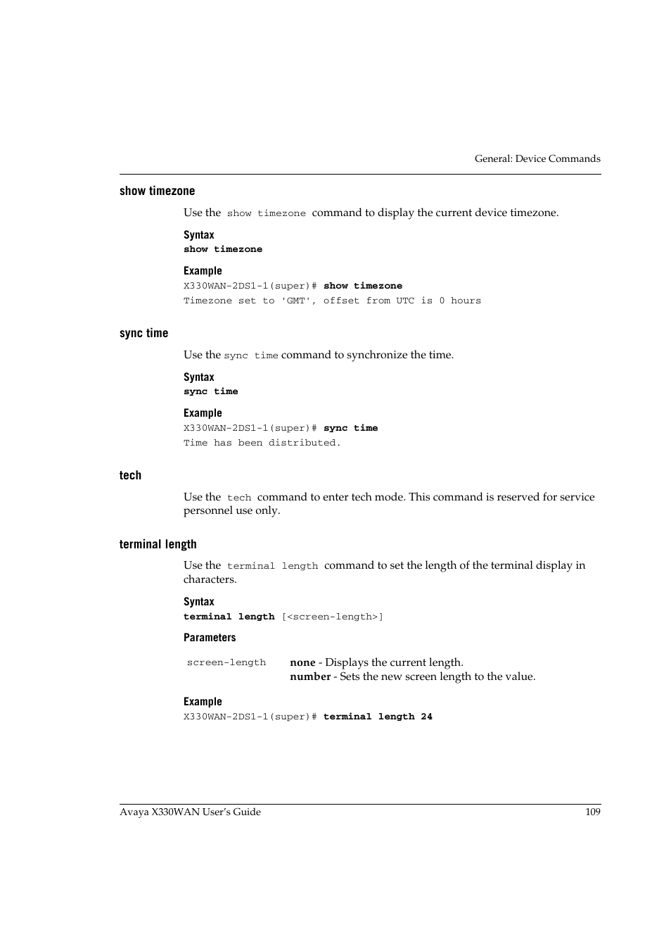 Show timezone, Sync time, Tech | Terminal length, Show timezone sync time tech terminal length | Avaya X330WAN User Manual | Page 131 / 264