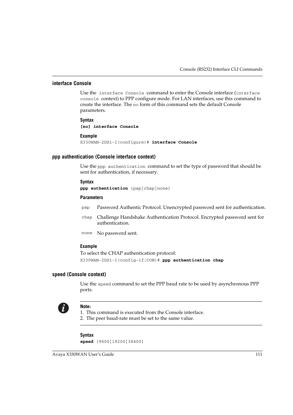 Interface console, Ppp authentication (console interface context), Speed (console context) | Avaya X330WAN User Manual | Page 133 / 264