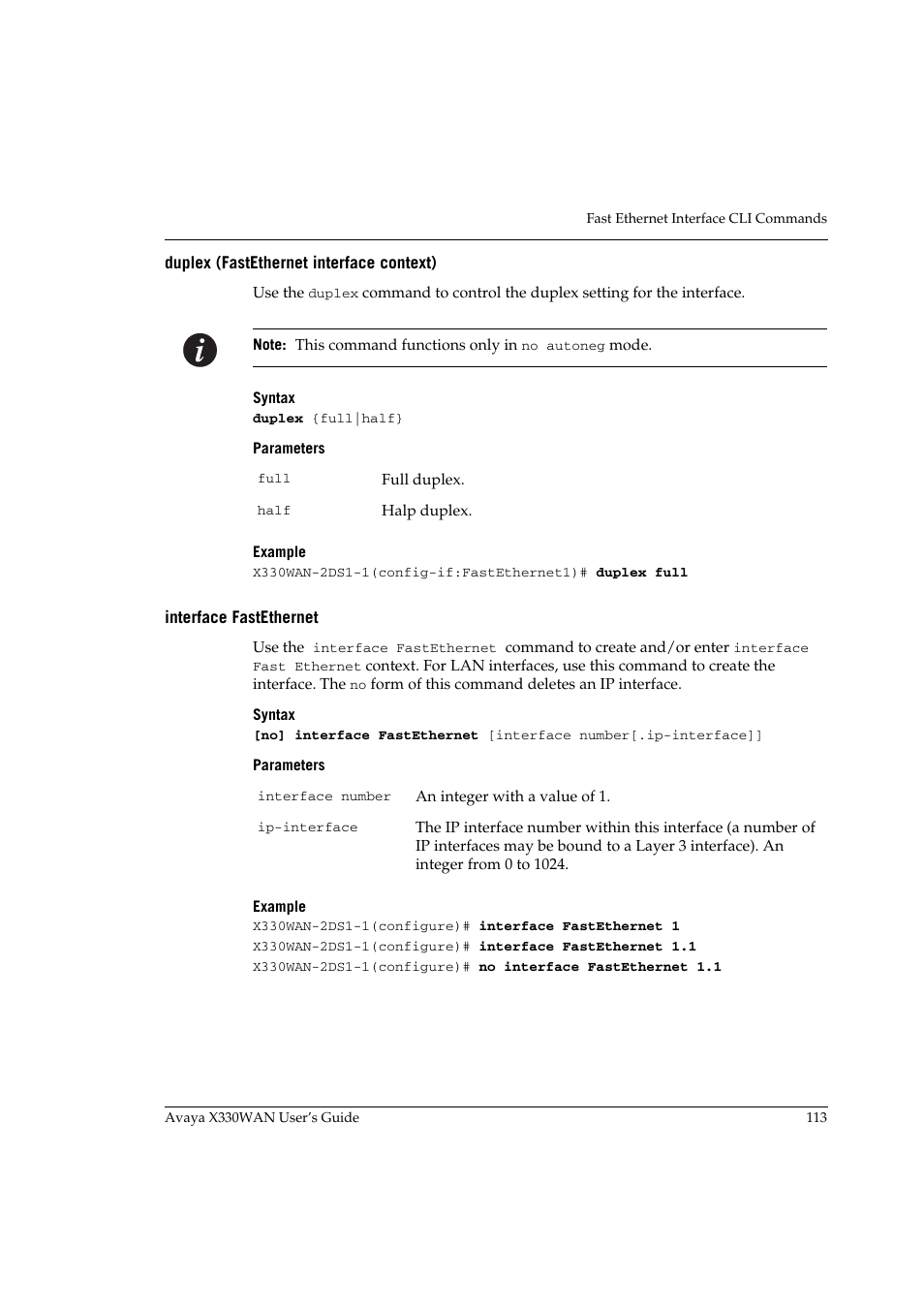 Duplex (fastethernet interface context), Interface fastethernet | Avaya X330WAN User Manual | Page 135 / 264