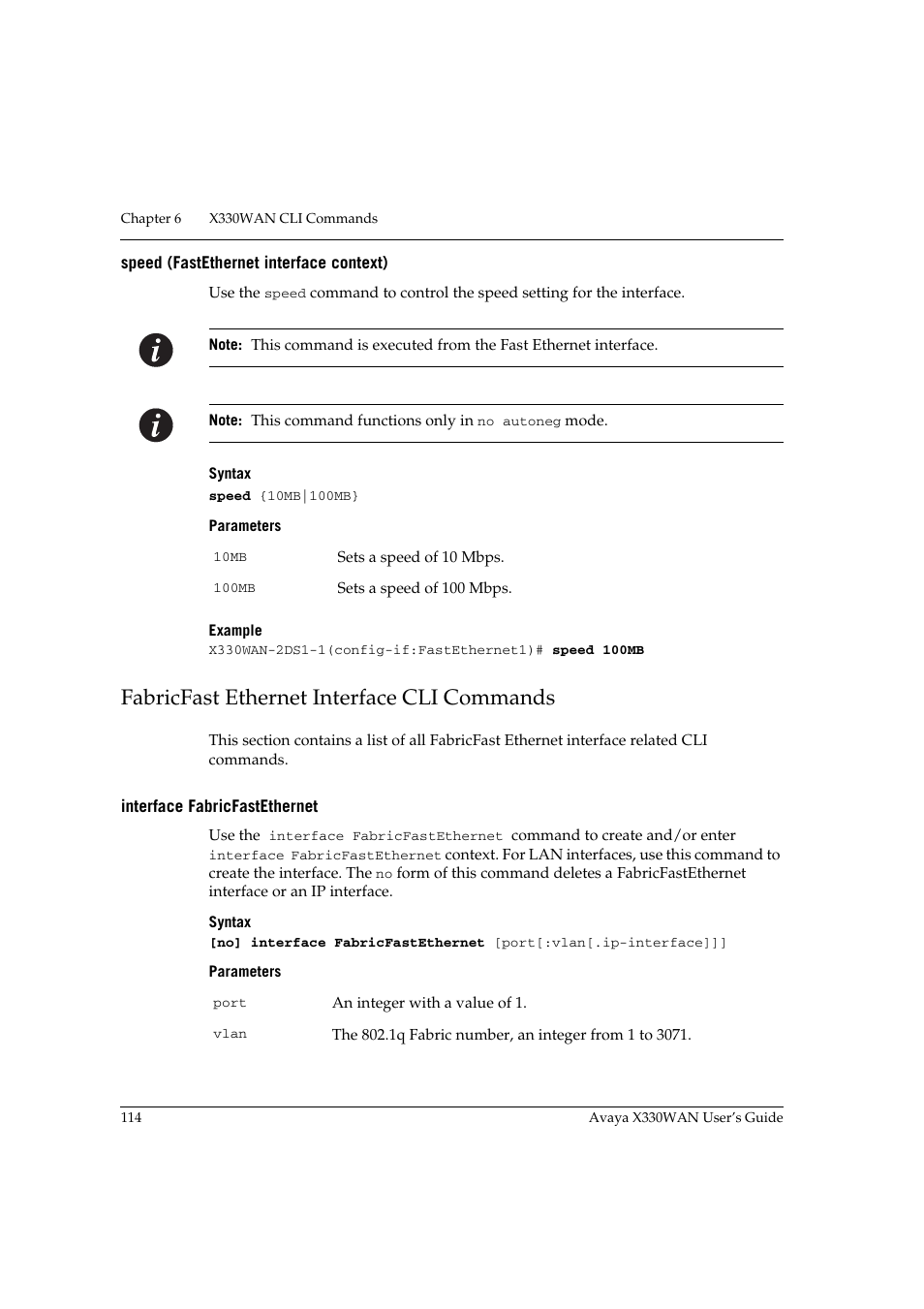 Speed (fastethernet interface context), Fabricfast ethernet interface cli commands, Interface fabricfastethernet | Avaya X330WAN User Manual | Page 136 / 264