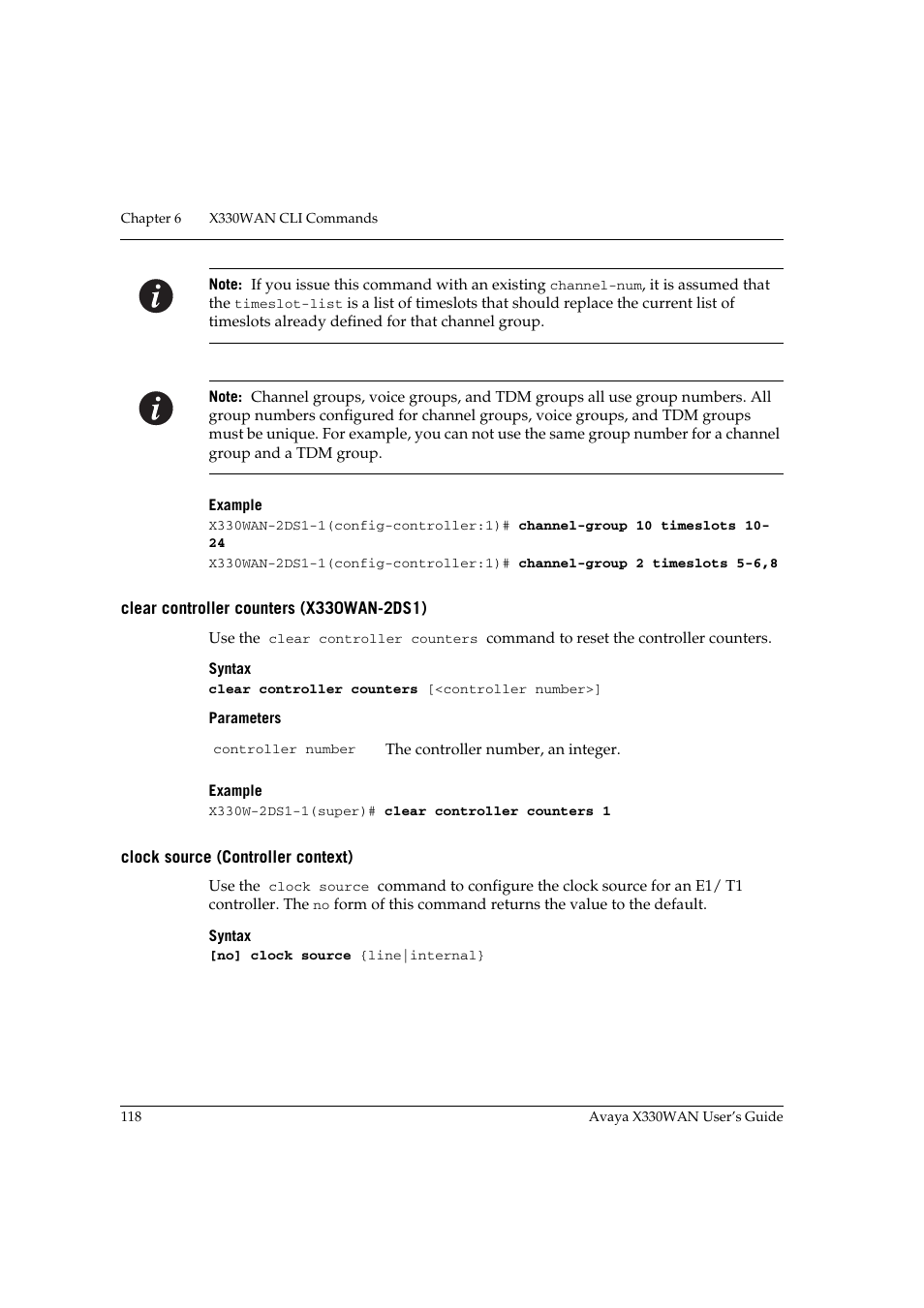 Clear controller counters (x330wan-2ds1), Clock source (controller context) | Avaya X330WAN User Manual | Page 140 / 264
