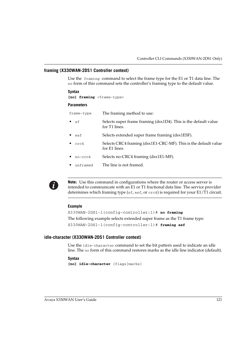 Framing (x330wan-2ds1 controller context), Idle-character (x330wan-2ds1 controller context) | Avaya X330WAN User Manual | Page 143 / 264