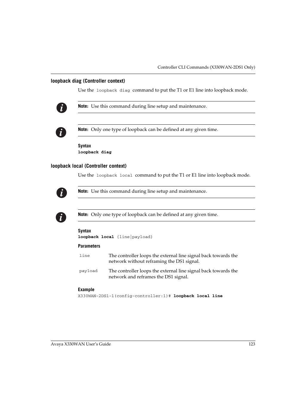 Loopback diag (controller context), Loopback local (controller context) | Avaya X330WAN User Manual | Page 145 / 264