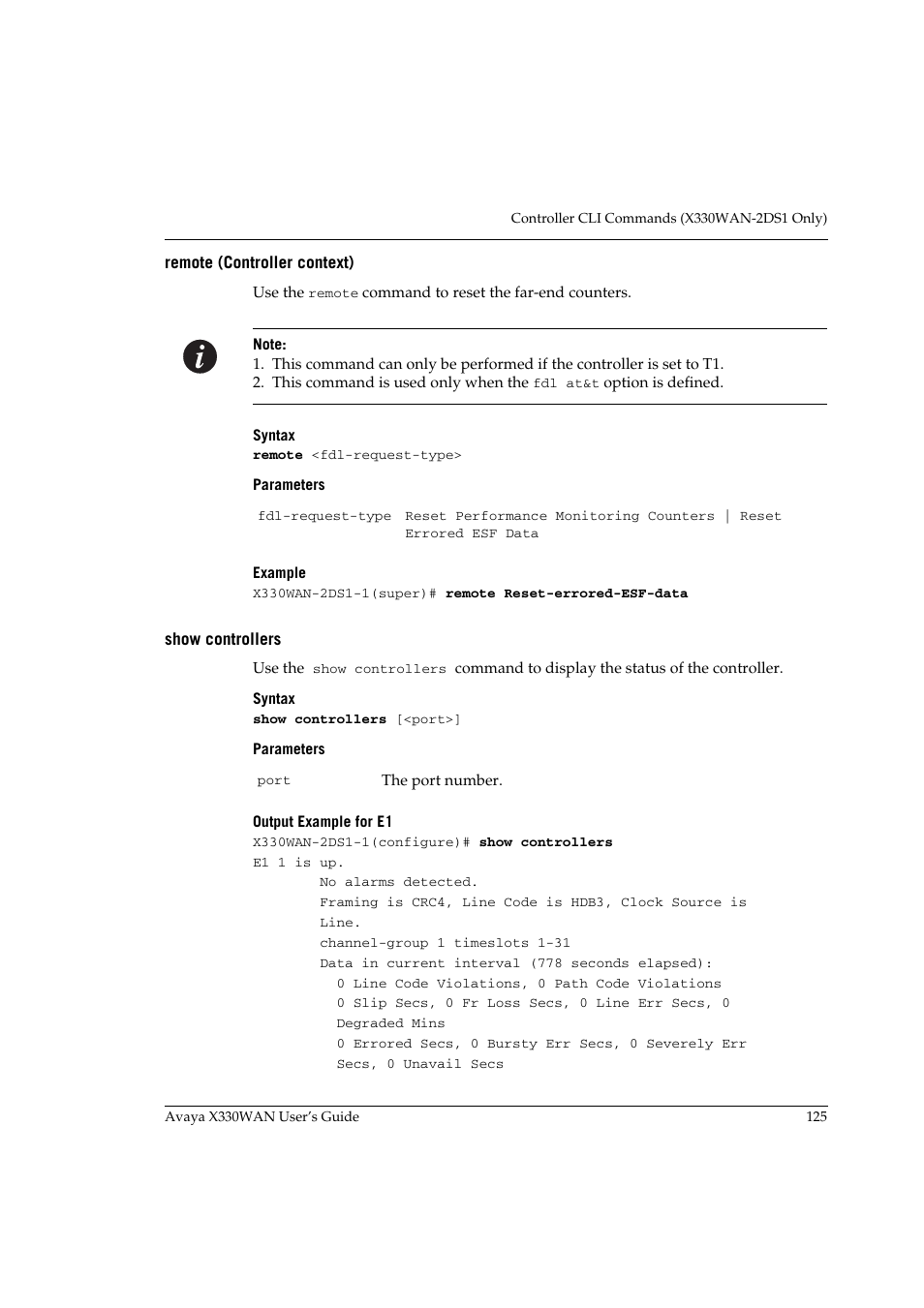 Remote (controller context), Show controllers, Remote (controller context) show controllers | Avaya X330WAN User Manual | Page 147 / 264
