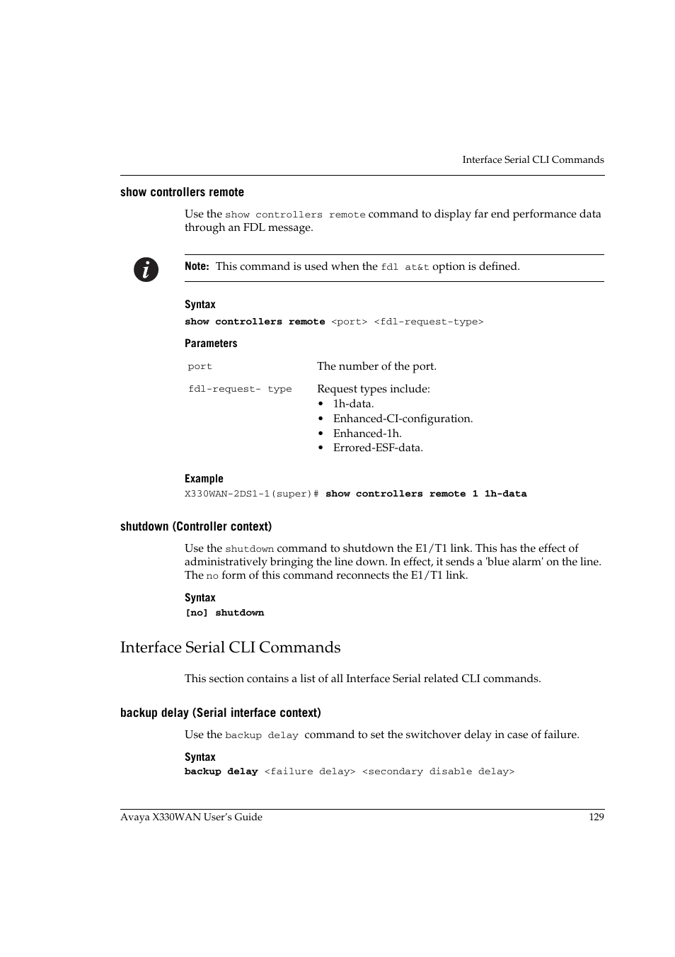 Show controllers remote, Shutdown (controller context), Interface serial cli commands | Backup delay (serial interface context) | Avaya X330WAN User Manual | Page 151 / 264