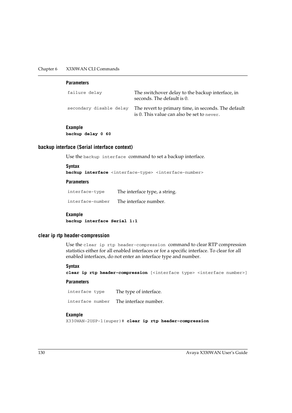 Backup interface (serial interface context), Clear ip rtp header-compression | Avaya X330WAN User Manual | Page 152 / 264