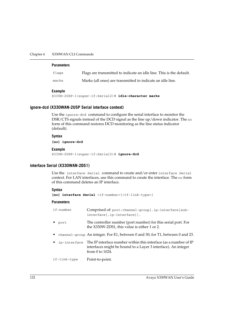 Ignore-dcd (x330wan-2usp serial interface context), Interface serial (x330wan-2ds1) | Avaya X330WAN User Manual | Page 154 / 264