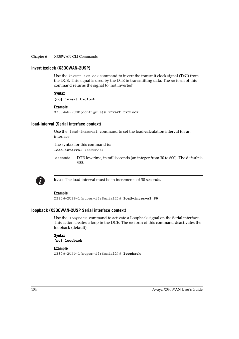 Invert txclock (x330wan-2usp), Load-interval (serial interface context), Loopback (x330wan-2usp serial interface context) | Avaya X330WAN User Manual | Page 156 / 264