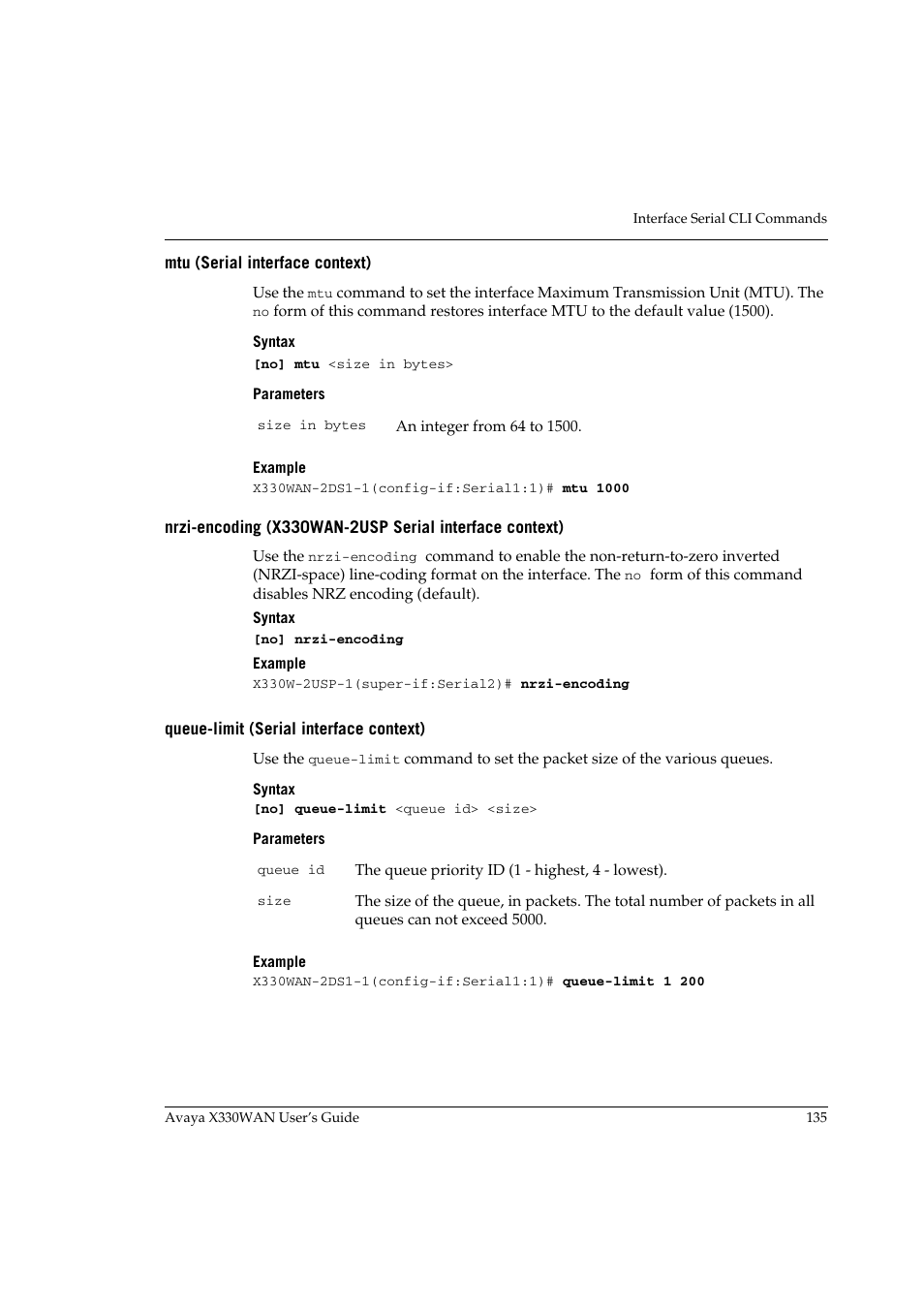 Mtu (serial interface context), Queue-limit (serial interface context) | Avaya X330WAN User Manual | Page 157 / 264