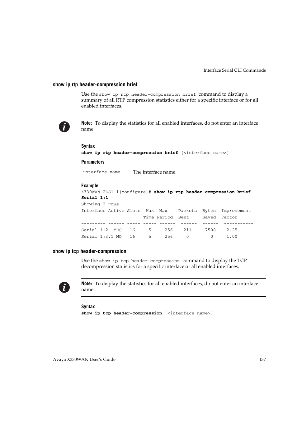 Show ip rtp header-compression brief, Show ip tcp header-compression | Avaya X330WAN User Manual | Page 159 / 264