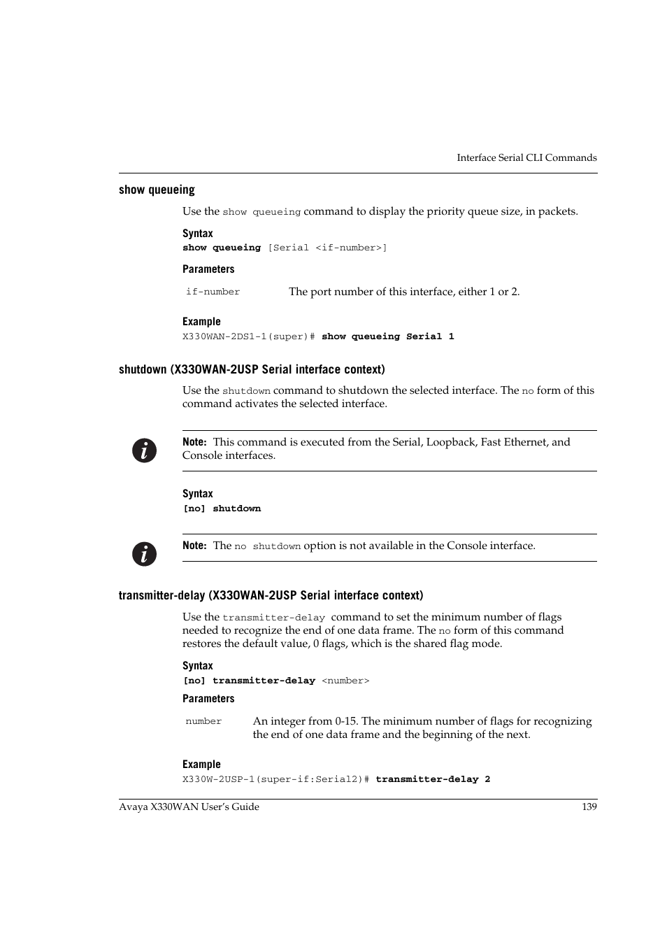 Show queueing, Shutdown (x330wan-2usp serial interface context) | Avaya X330WAN User Manual | Page 161 / 264