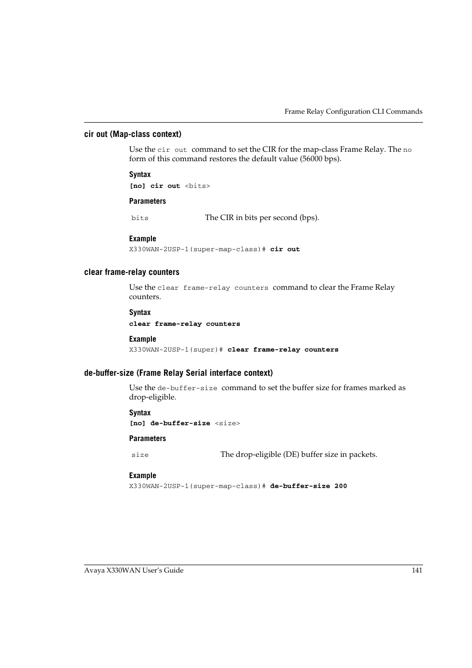 Cir out (map-class context), Clear frame-relay counters | Avaya X330WAN User Manual | Page 163 / 264