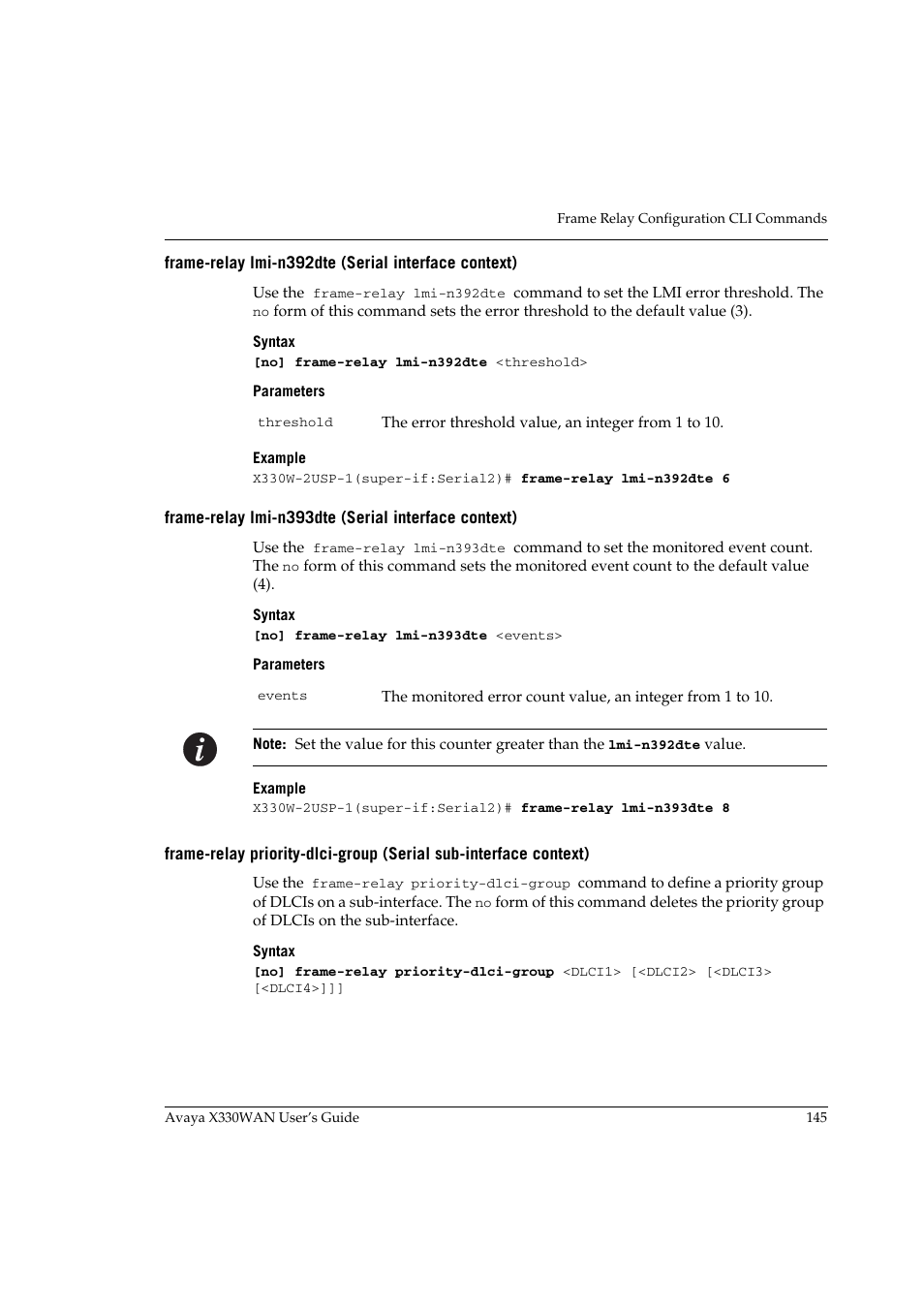 Frame-relay lmi-n392dte (serial interface context), Frame-relay lmi-n393dte (serial interface context) | Avaya X330WAN User Manual | Page 167 / 264