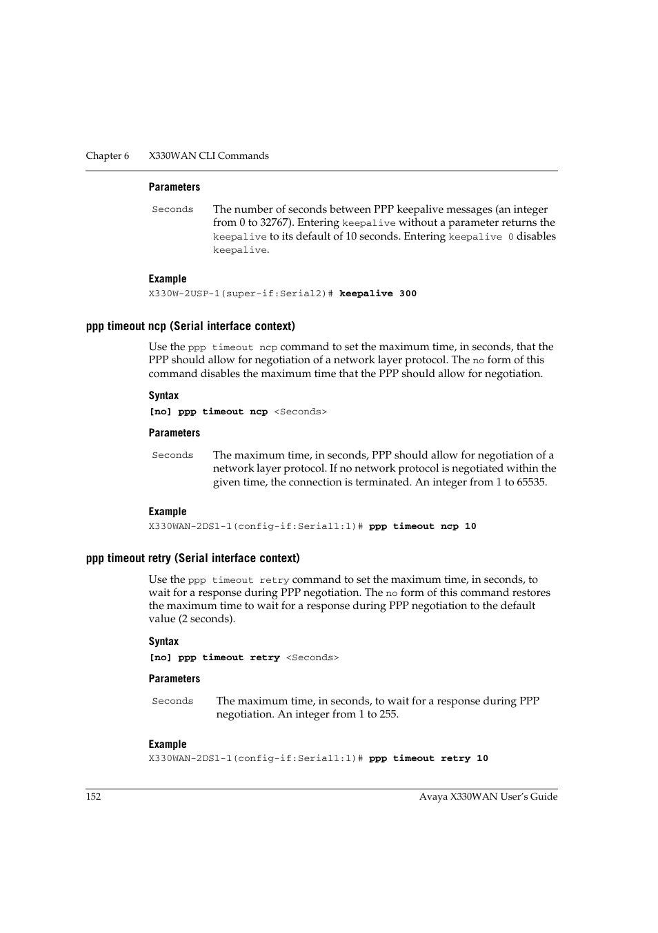 Ppp timeout ncp (serial interface context), Ppp timeout retry (serial interface context) | Avaya X330WAN User Manual | Page 174 / 264